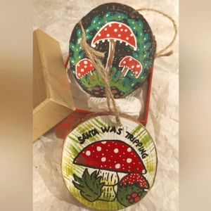 HANDPAINTED RUSTIC WOODSLICE ORNAMENTS SET OF TWO-MUSHROOM